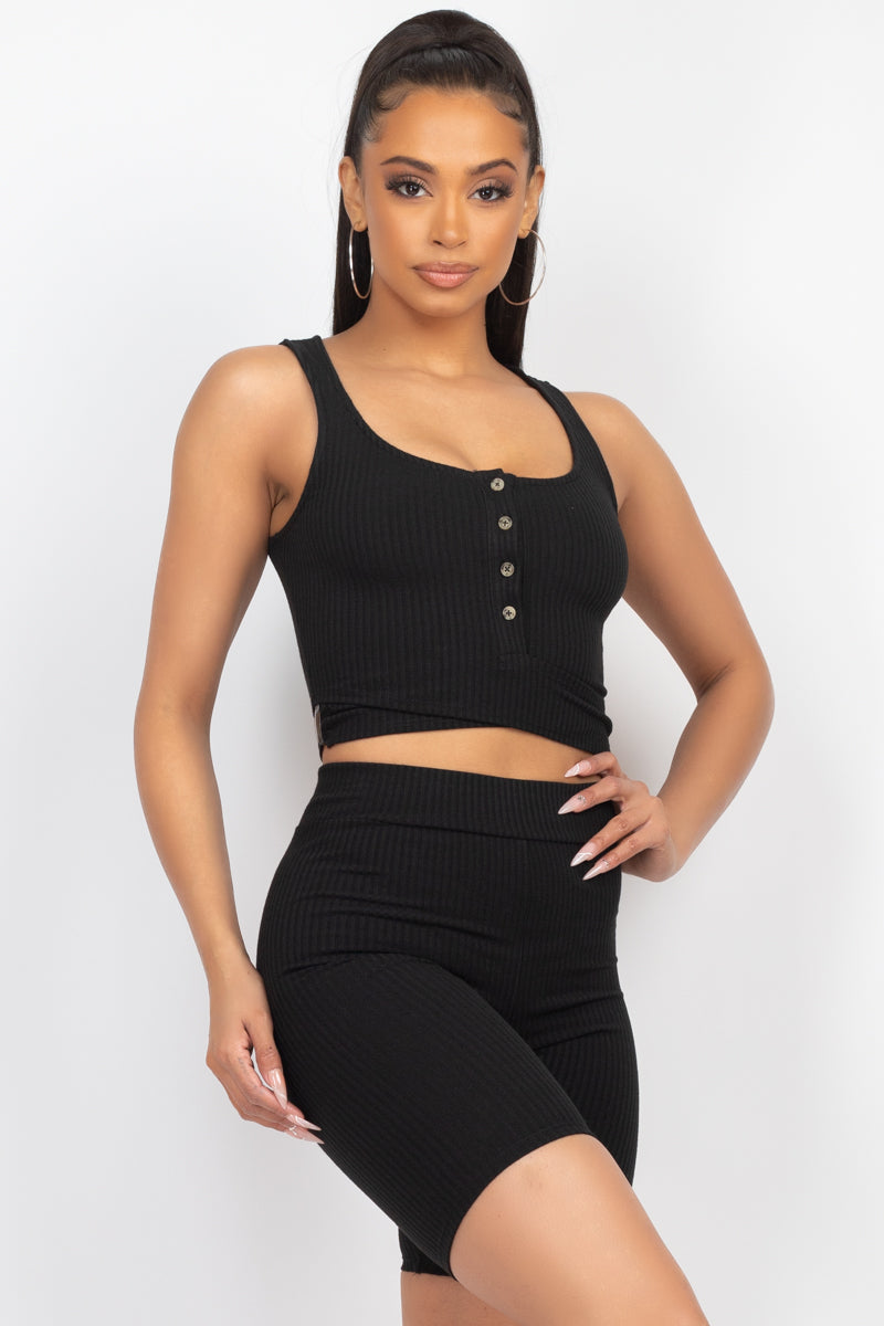 Tight N' Sexy Buttoned Halter & Biker Shorts Set - Black
