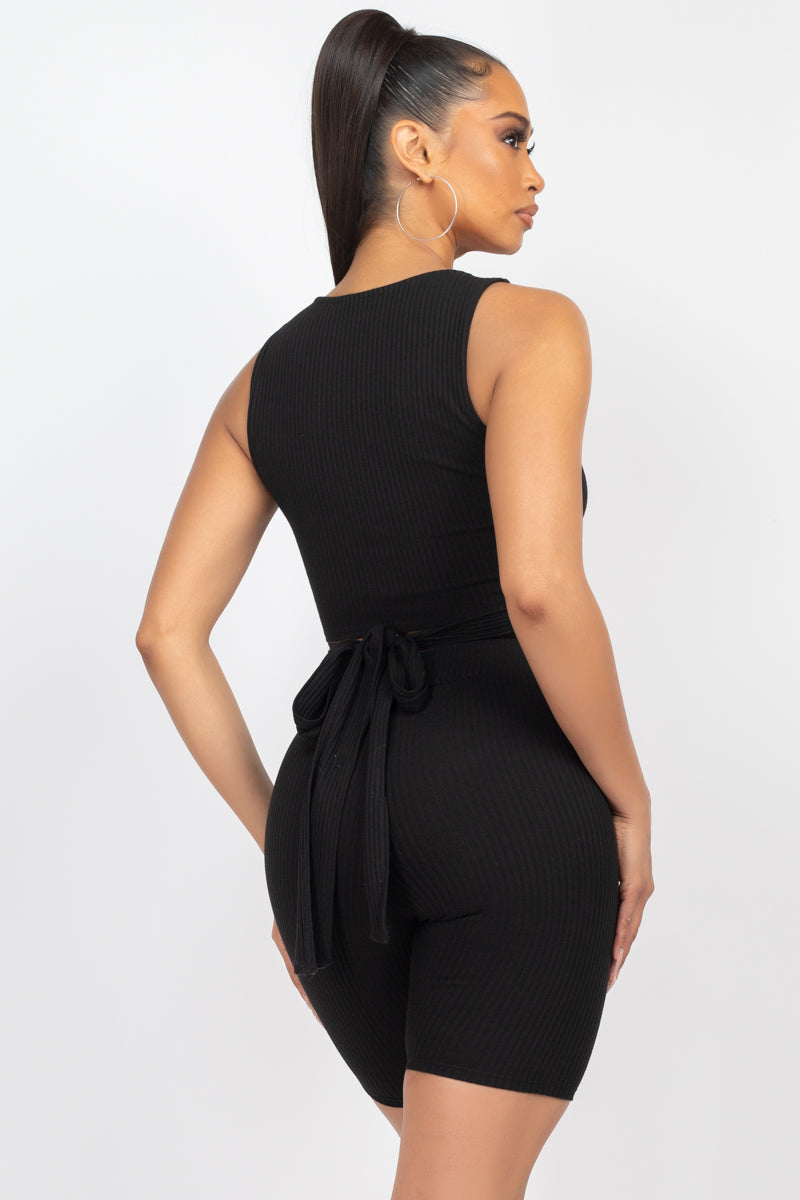 Tight N' Sexy Buttoned Halter & Biker Shorts Set - Black