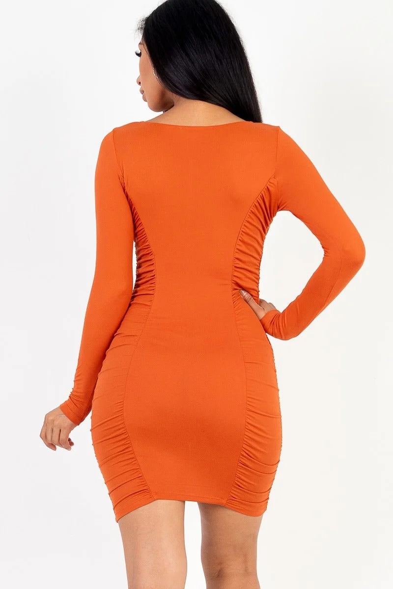 Gorgeous Long Sleeve Ruched Bodycon Mini - Orange