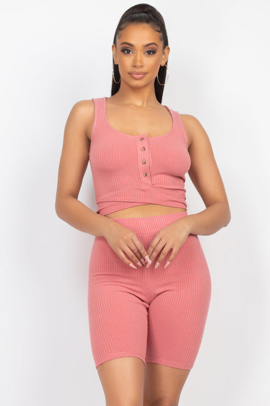 Pink Buttoned Crop Top & Biker Shorts Set