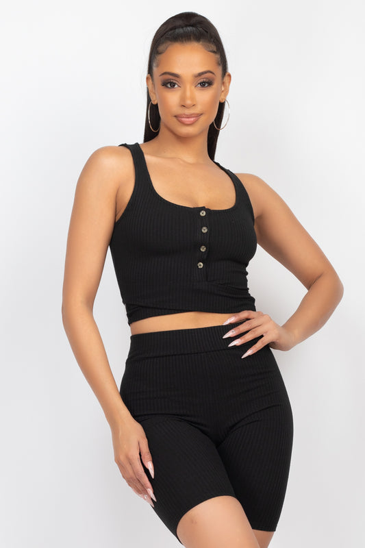 Tight N' Sexy Buttoned Halter & Biker Shorts Set - Black