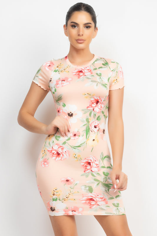 Short Sleeve Knit Coral Floral Bodycon Mini