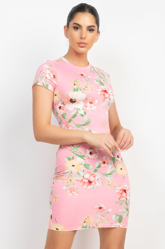 Short Sleeve Knit Pink Floral Bodycon Mini