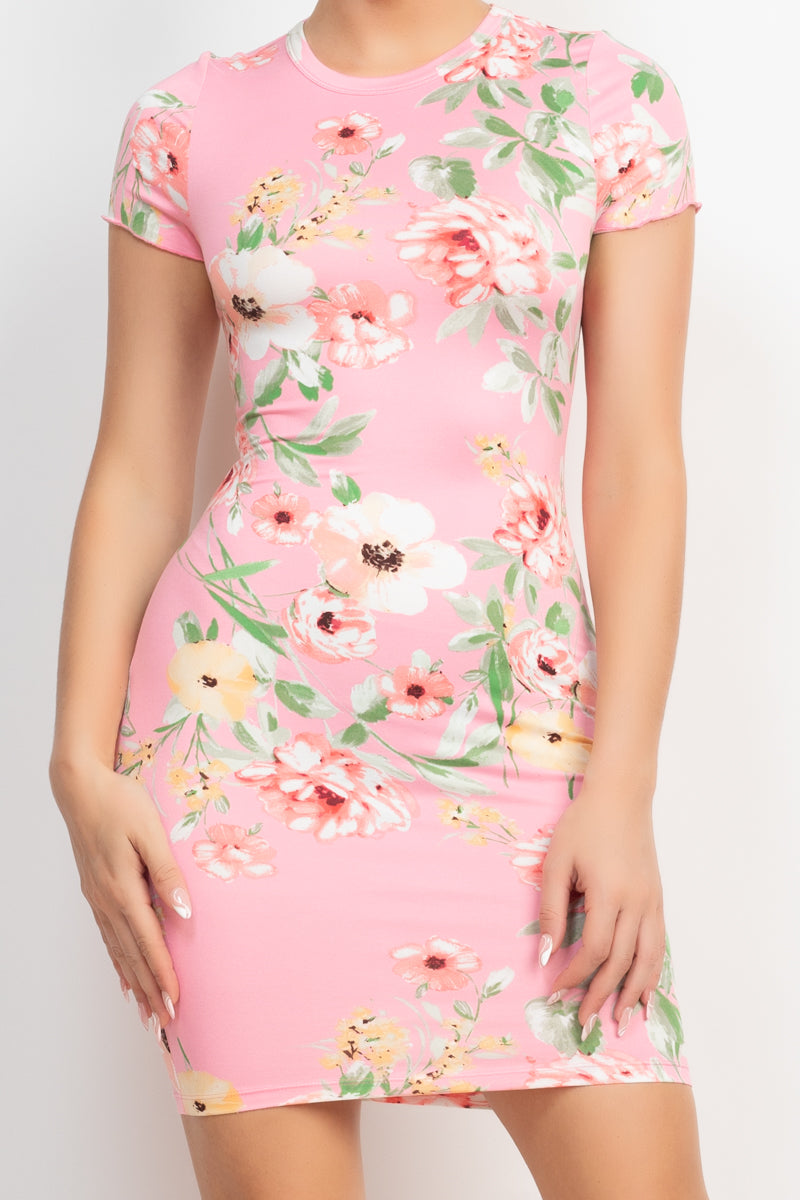 Short Sleeve Knit Pink Floral Bodycon Mini