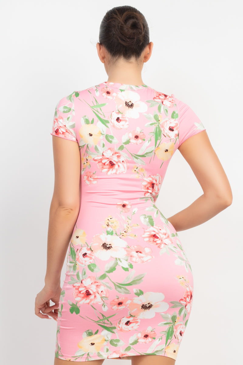 Short Sleeve Knit Pink Floral Bodycon Mini