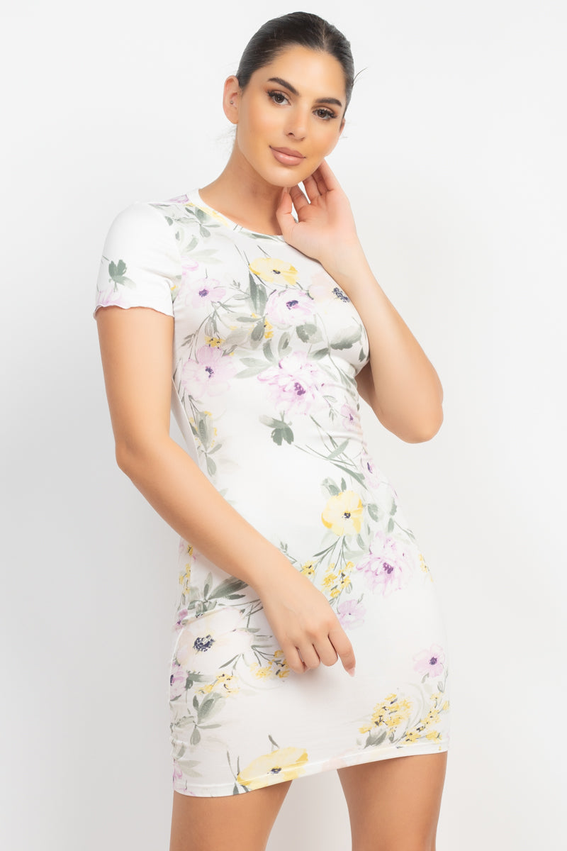 Short Sleeve Knit Ivory Floral Bodycon Mini