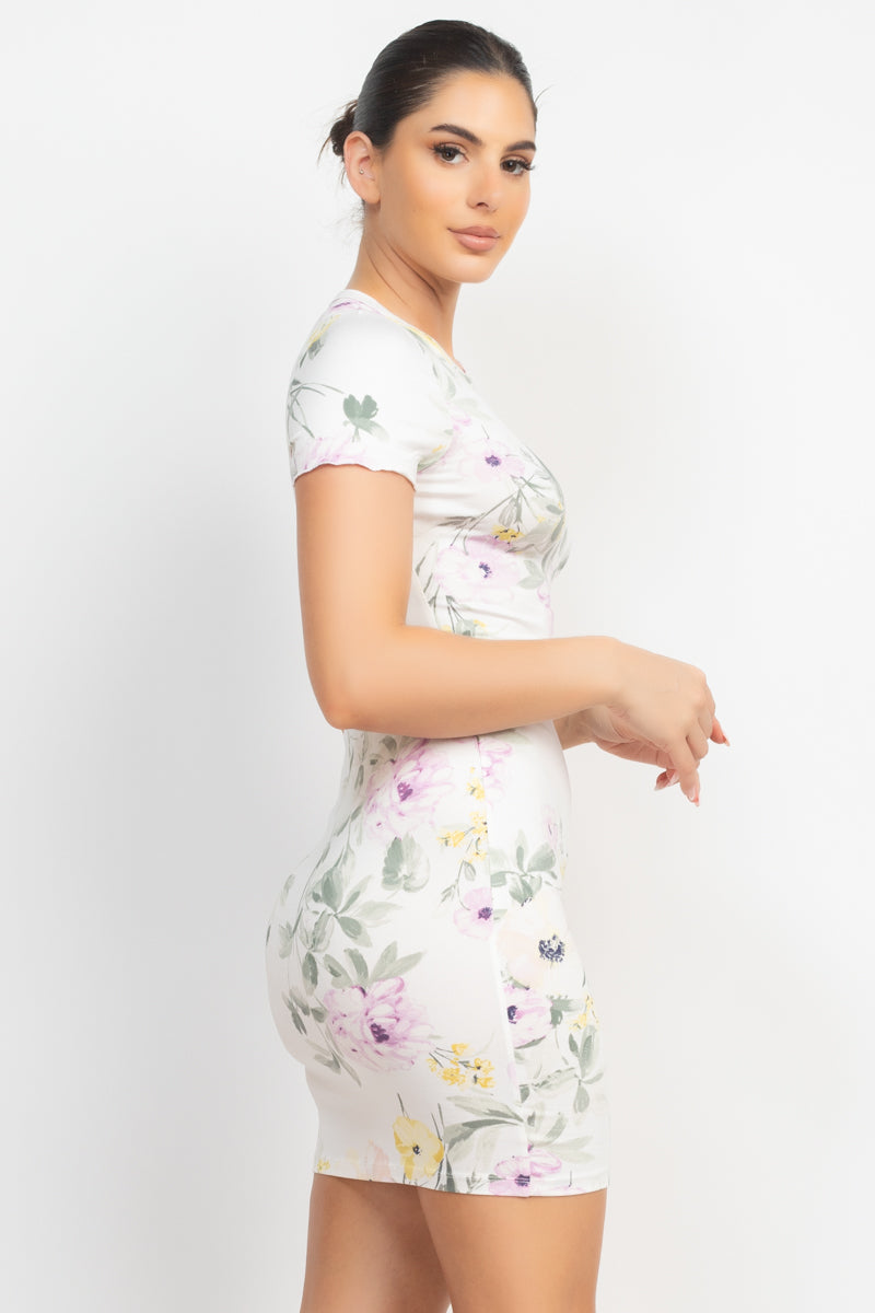 Short Sleeve Knit Ivory Floral Bodycon Mini