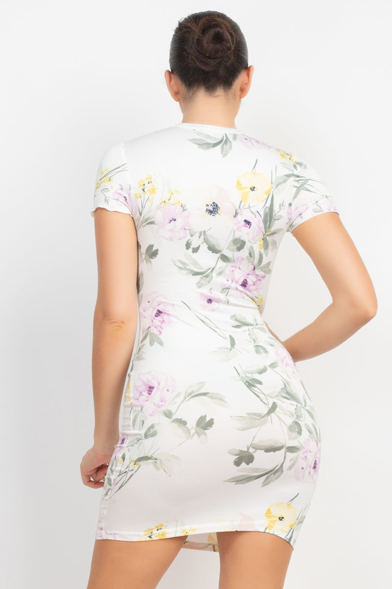 Short Sleeve Knit Ivory Floral Bodycon Mini