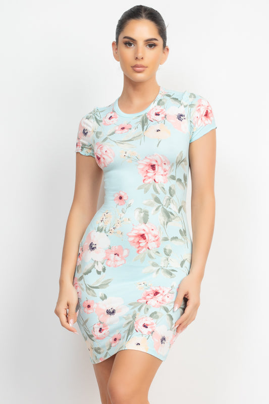 Short Sleeve Knit Mint-Blue Floral Bodycon Mini