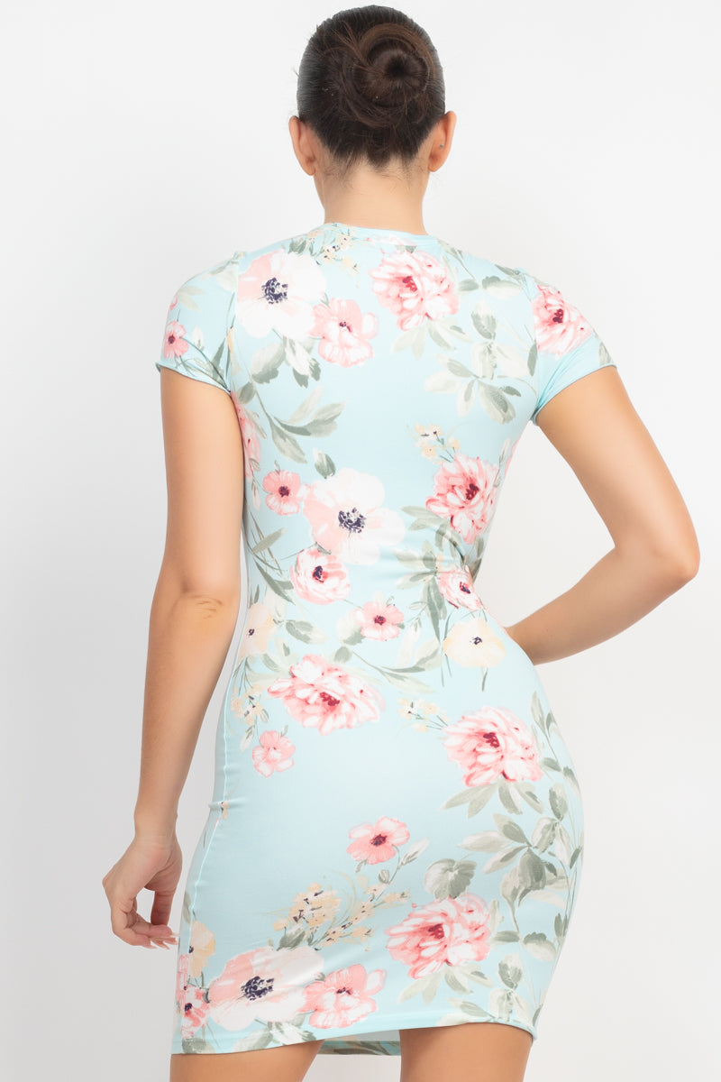 Short Sleeve Knit Mint-Blue Floral Bodycon Mini