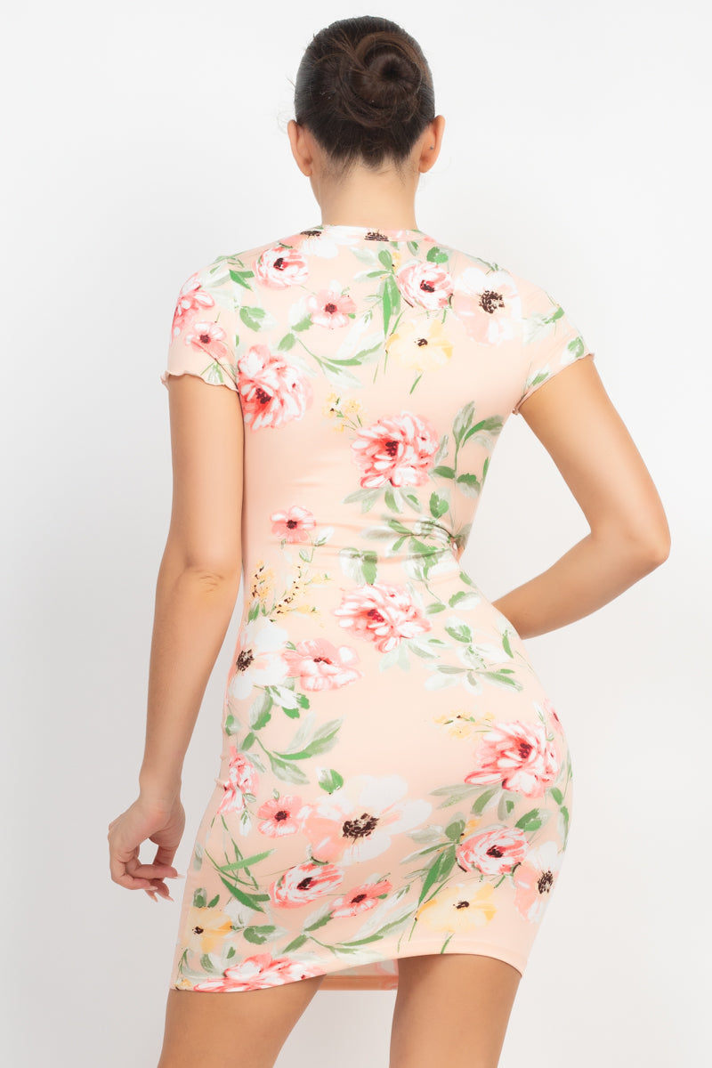 Short Sleeve Knit Coral Floral Bodycon Mini