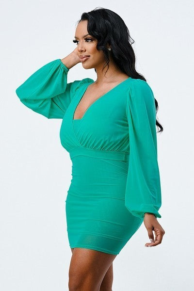 Lux Plunging Neck Green Bodycon Dress