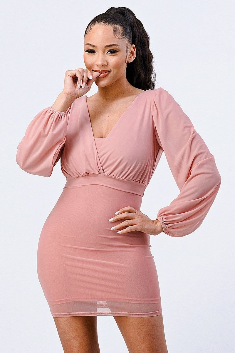 Lux Plunging Neck Pink Bodycon Dress