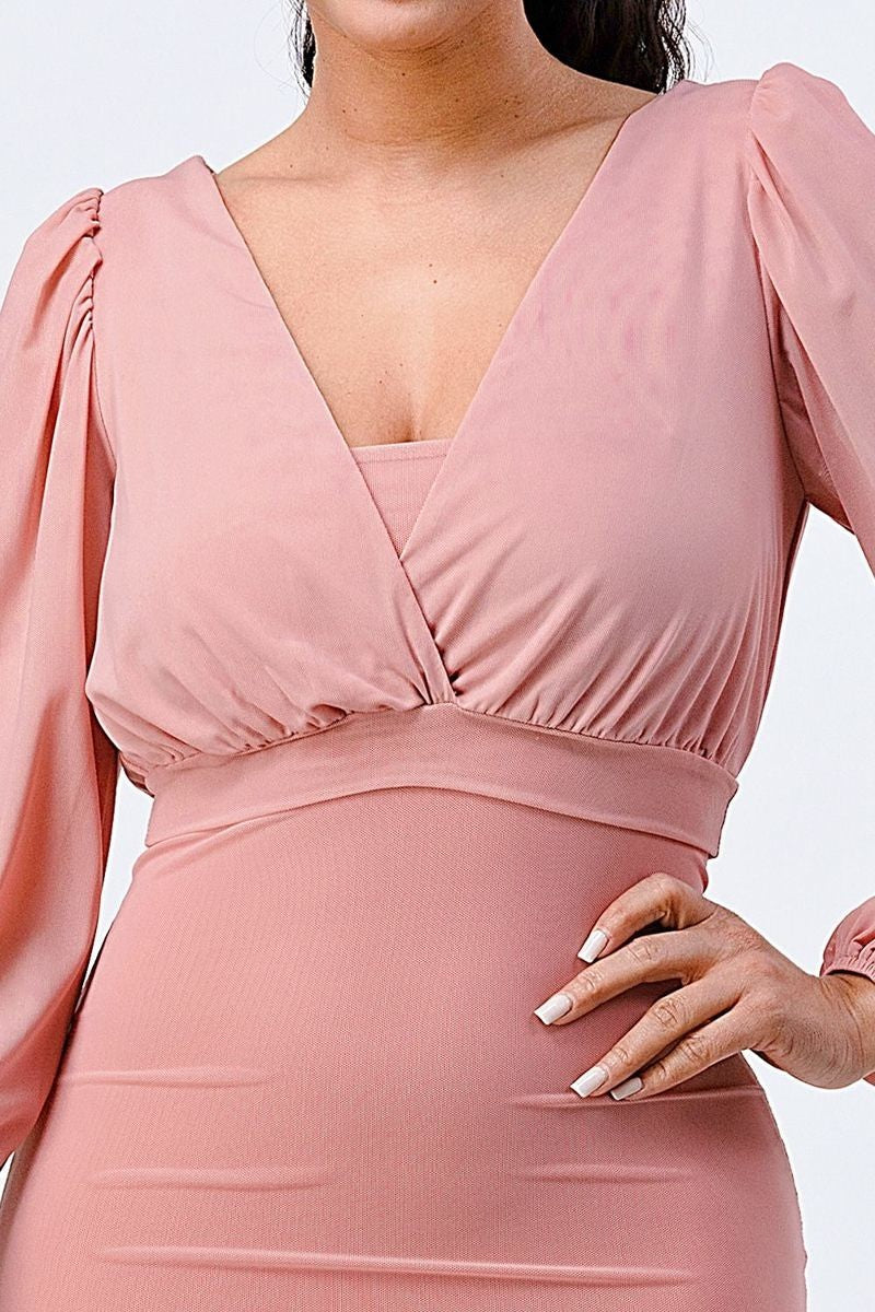 Lux Plunging Neck Pink Bodycon Dress