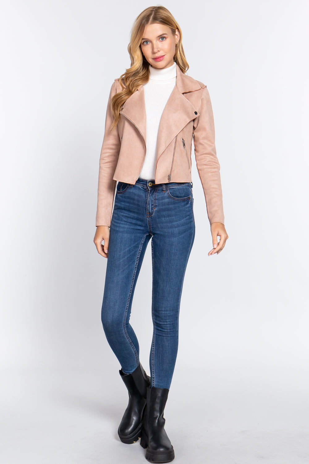 Faux Suede Biker Jacket - Pink