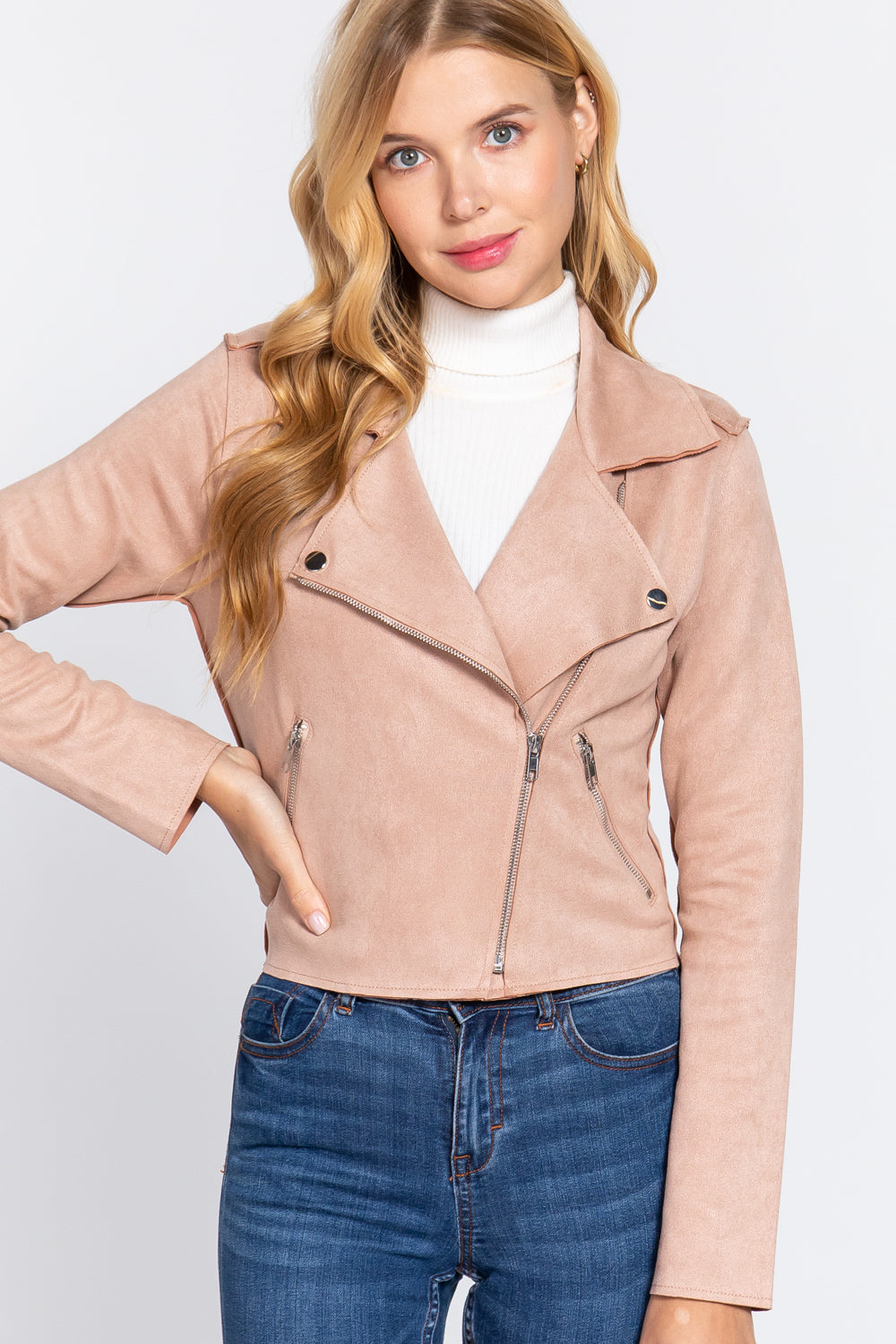 Faux Suede Biker Jacket - Pink