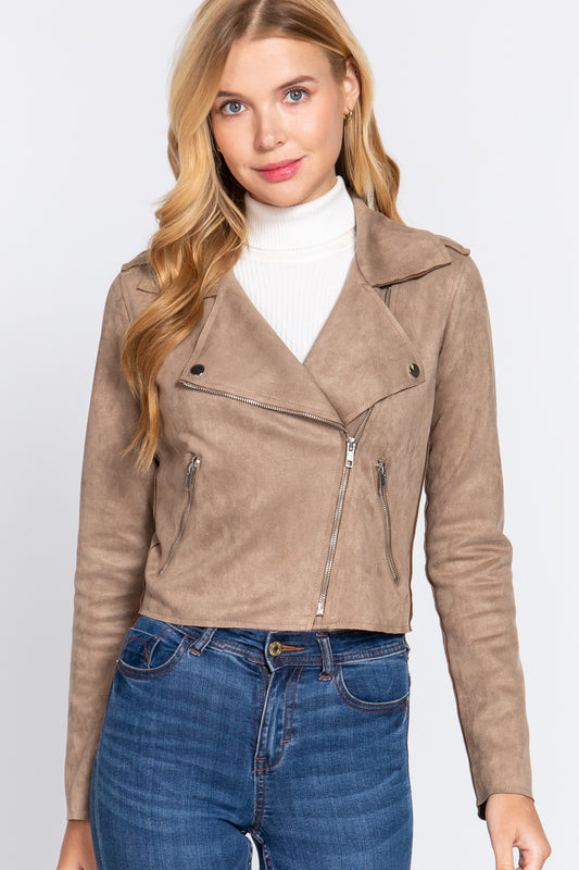 Faux Suede Biker Jacket - Brown