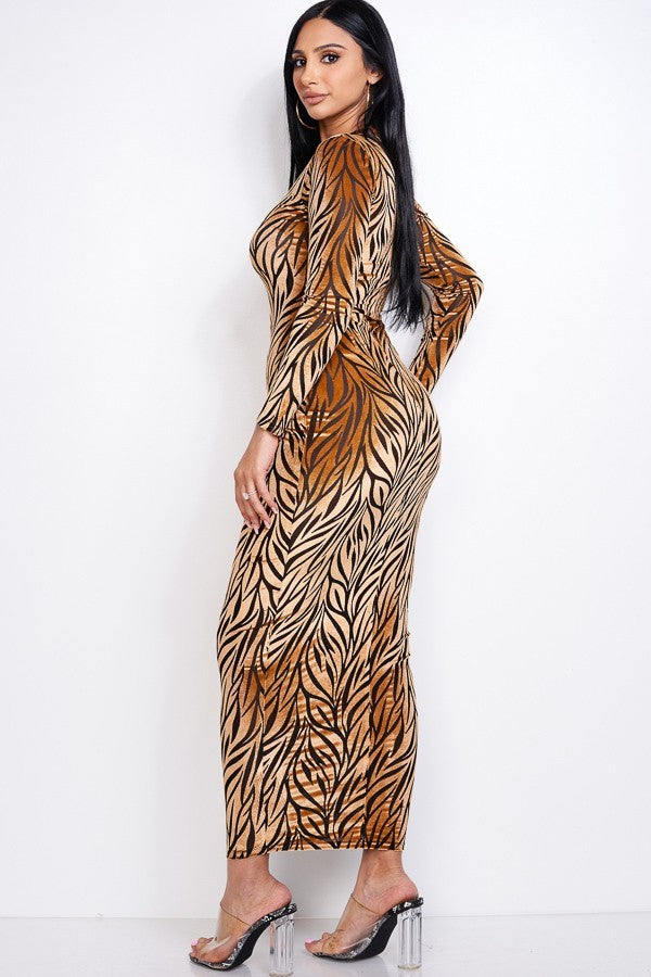 Tiger Stripe Velvet Long Sleeve Midi