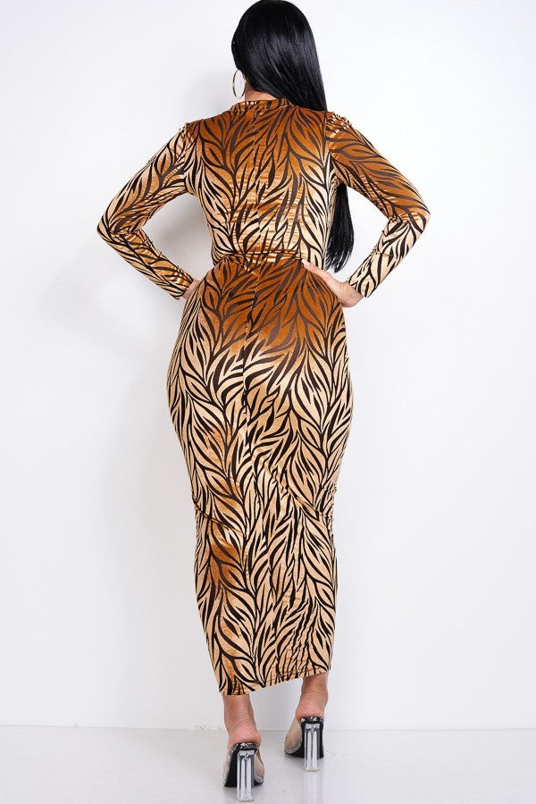 Tiger Stripe Velvet Long Sleeve Midi