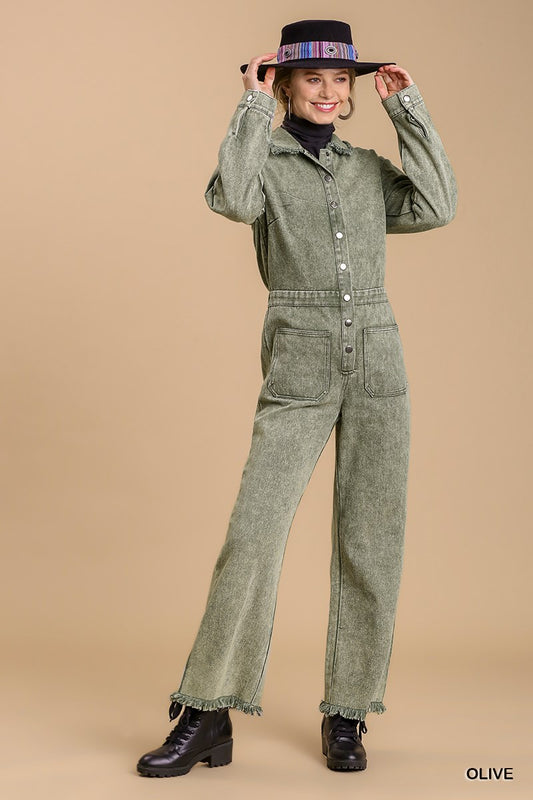 Button Down Stone Wash Jumpsuit - Green