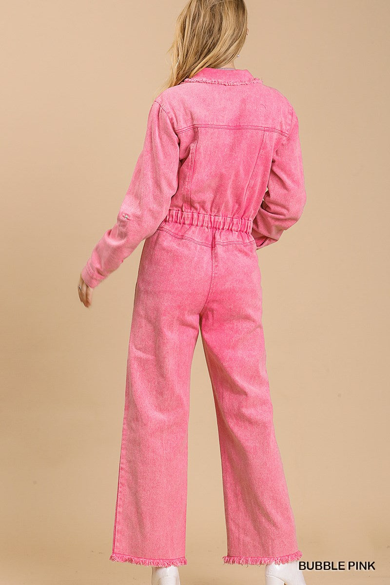 Button Down Stone Wash Jumpsuit - Pink