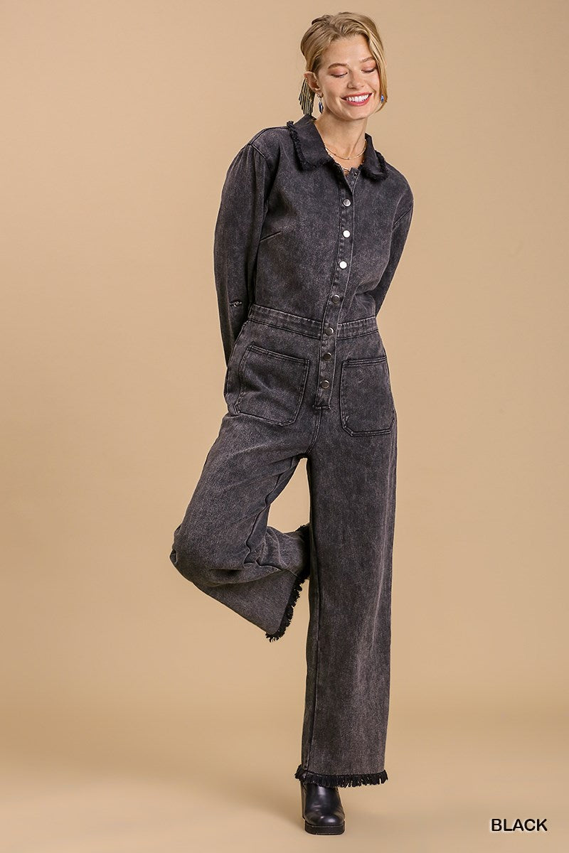 Button Down Stone Wash Jumpsuit - Black