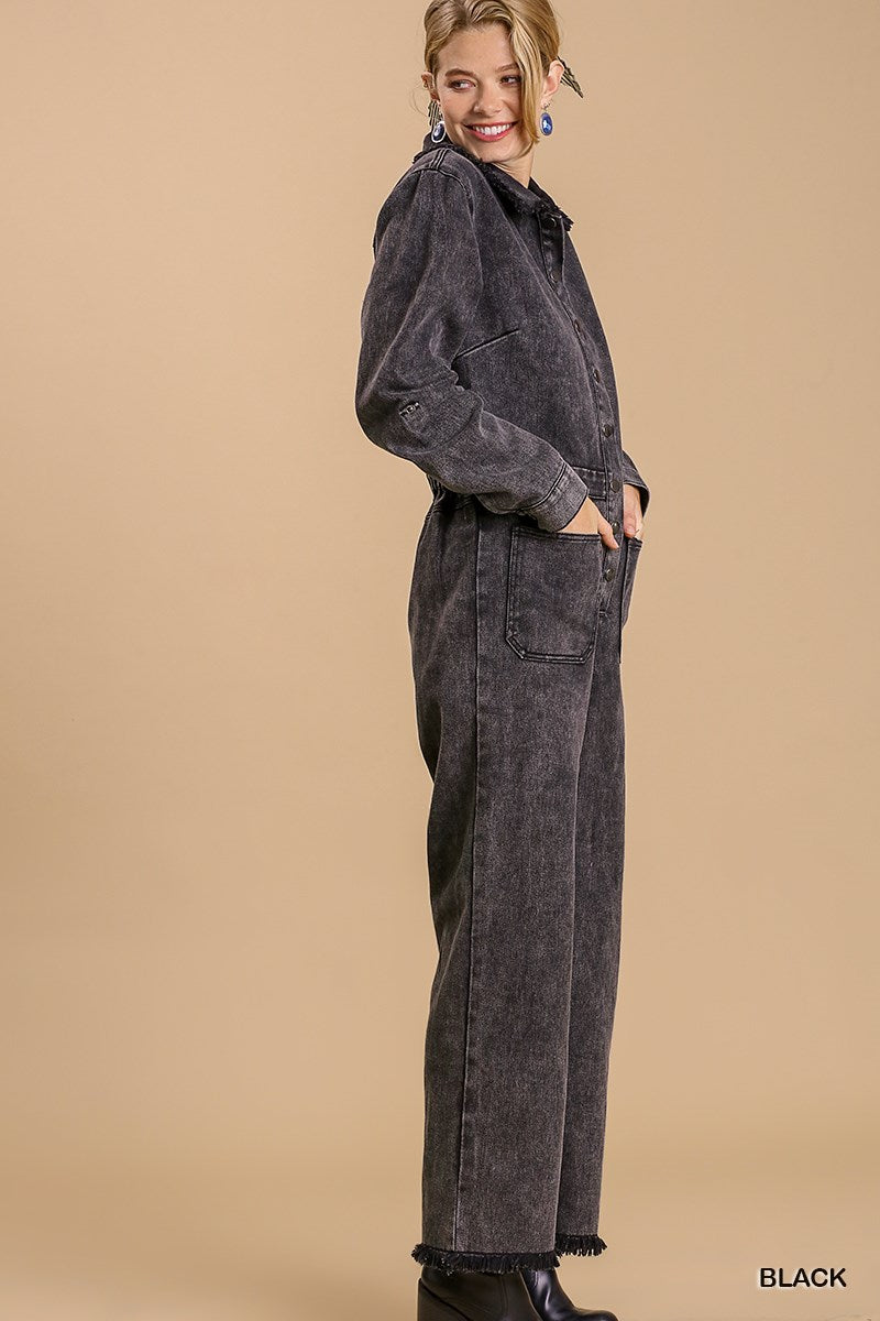 Button Down Stone Wash Jumpsuit - Black