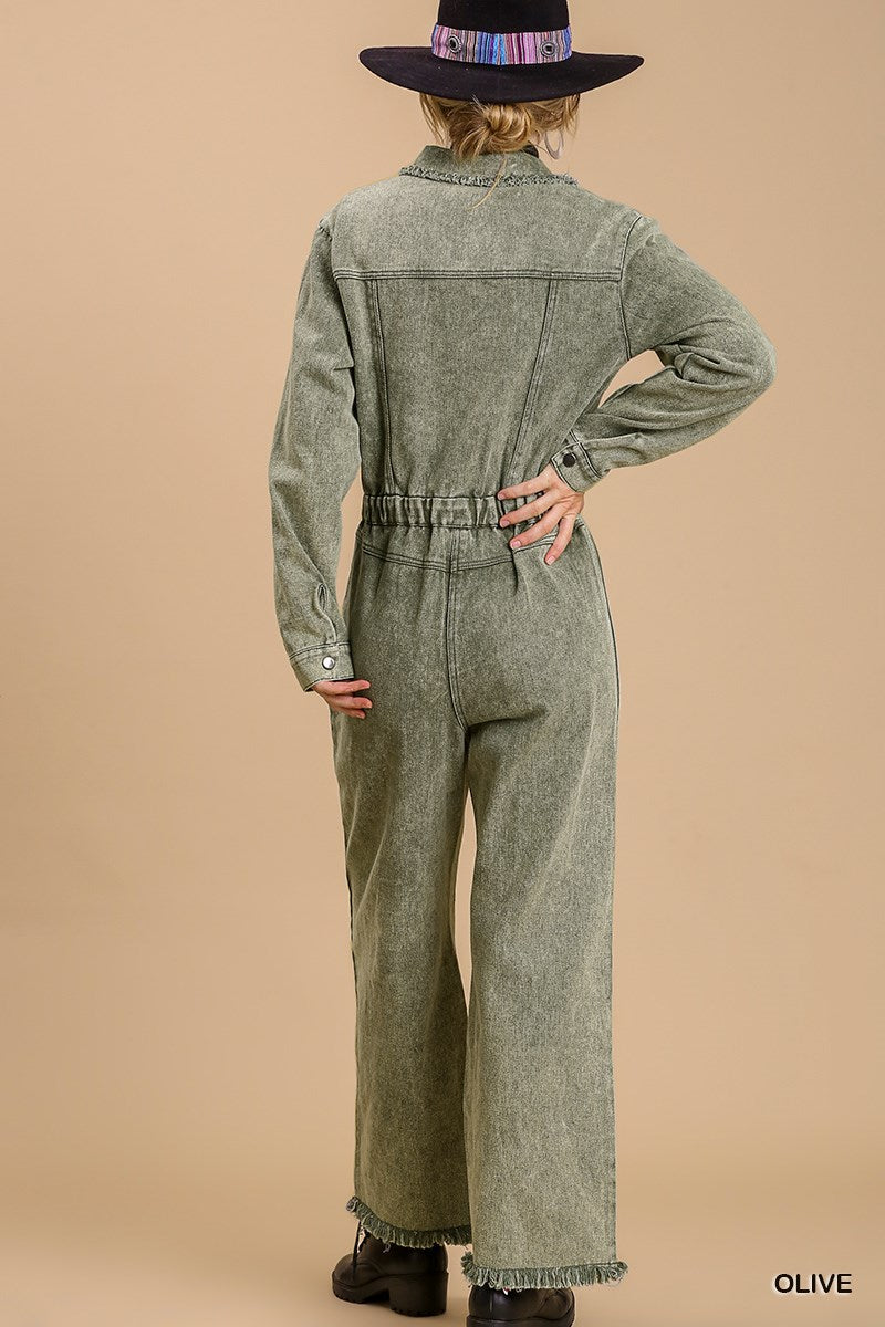 Button Down Stone Wash Jumpsuit - Green