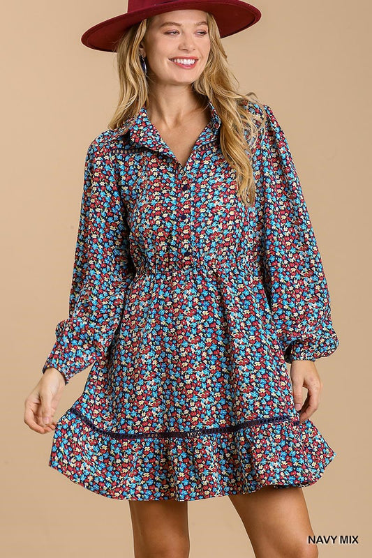 Button Down Floral Print Dress - Blue