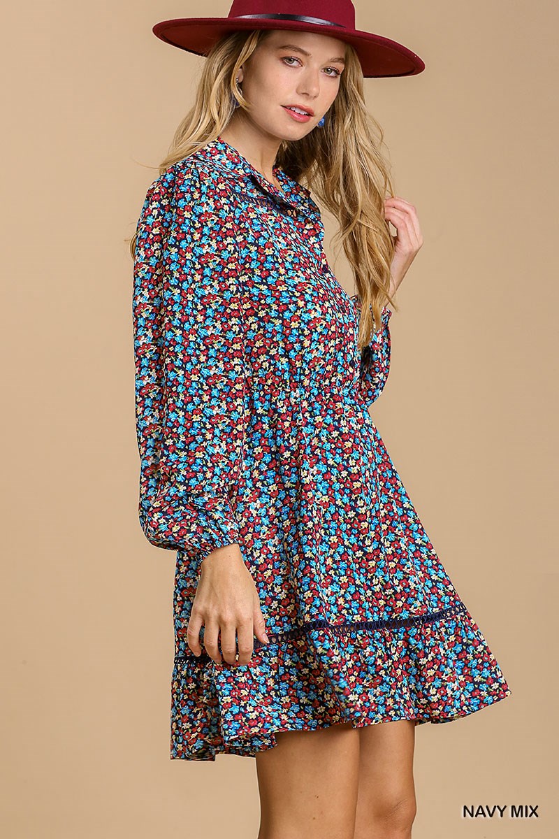 Button Down Floral Print Dress - Blue