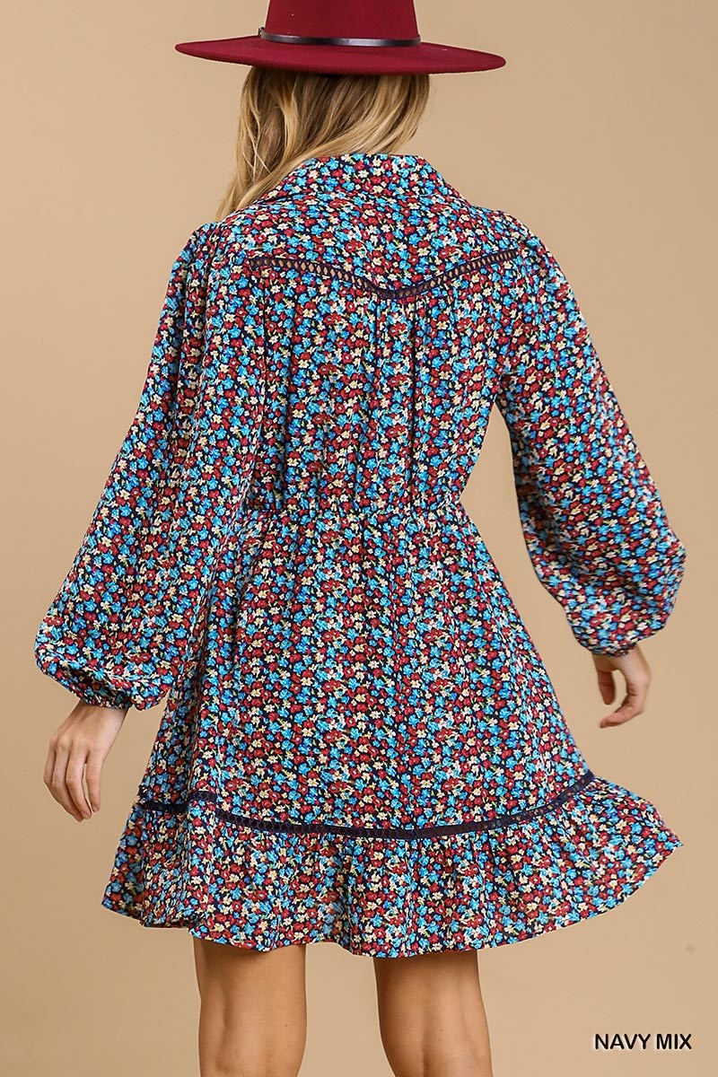 Button Down Floral Print Dress - Blue