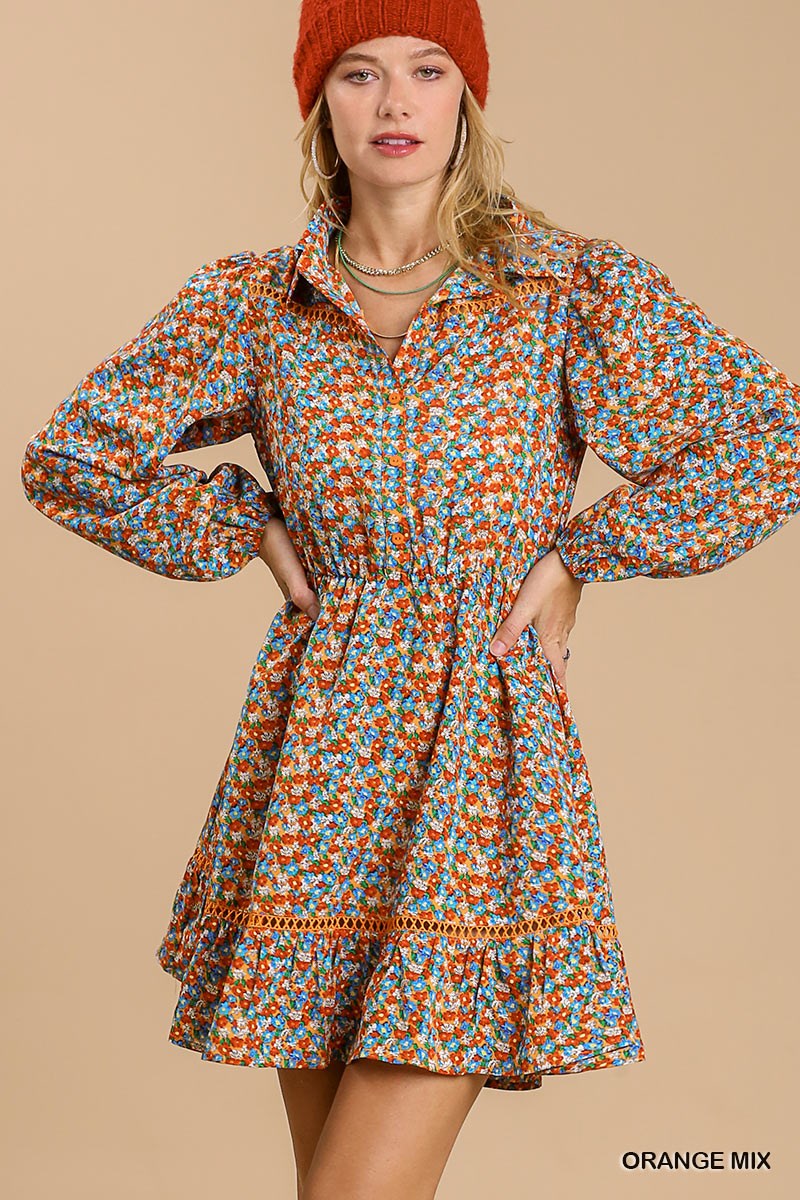 Button Down Floral Print Dress - Orange