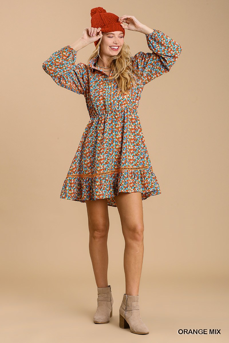 Button Down Floral Print Dress - Orange