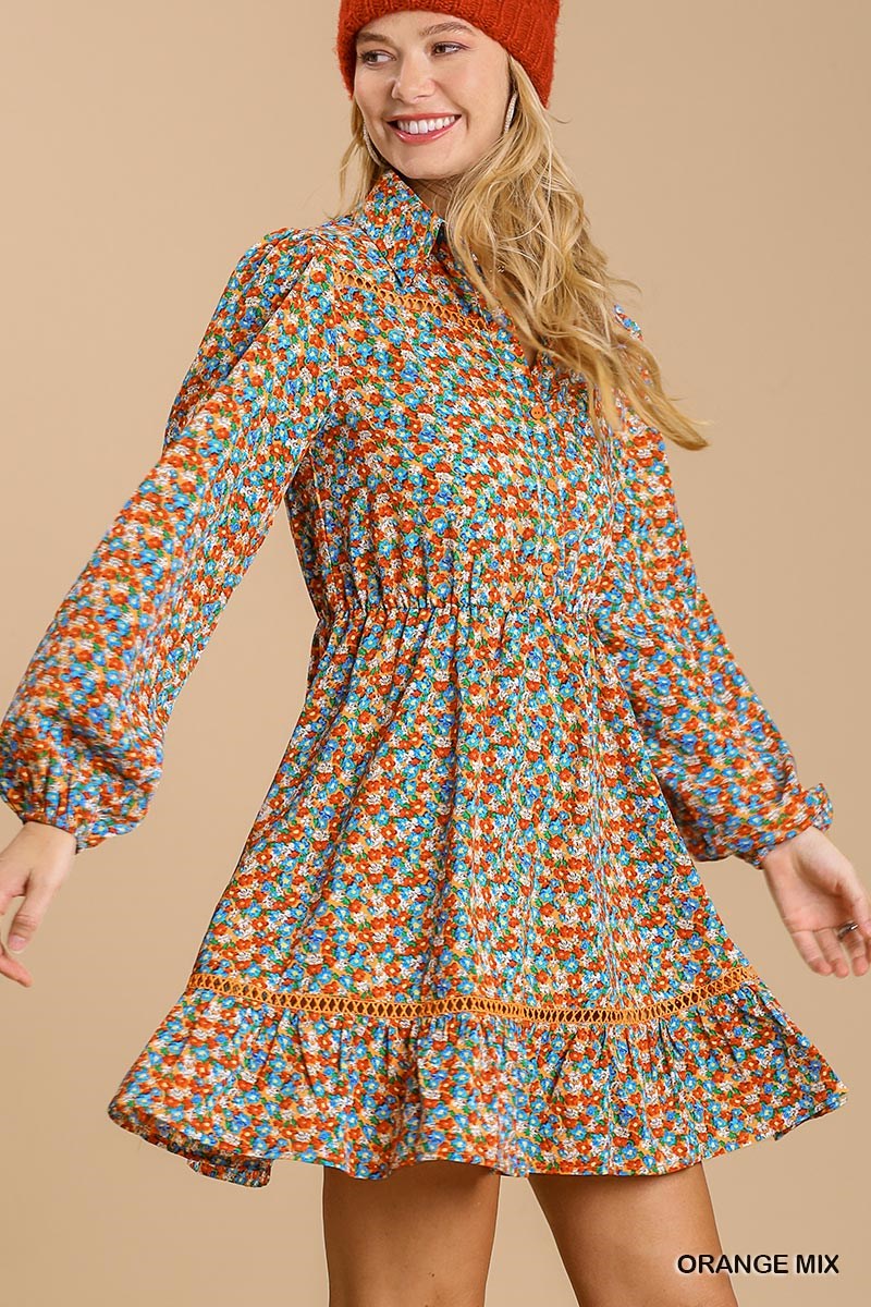 Button Down Floral Print Dress - Orange