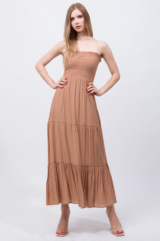 Elegant Strapless Maxi Dress - Brown