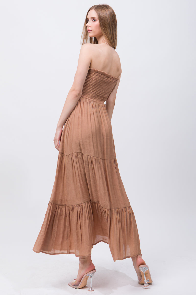 Elegant Strapless Maxi Dress - Brown