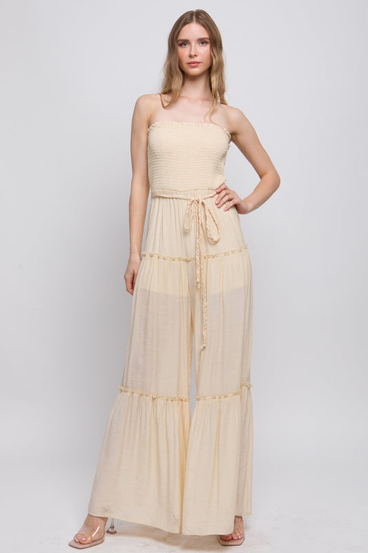 Classy Sleeveless Ruffle Jumpsuit - Tan